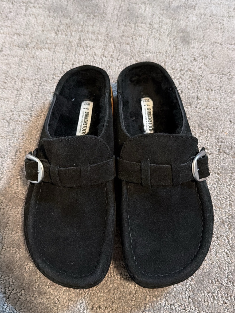New Birkenstock Black Suede Slip-On Clogs with Silver Buckle